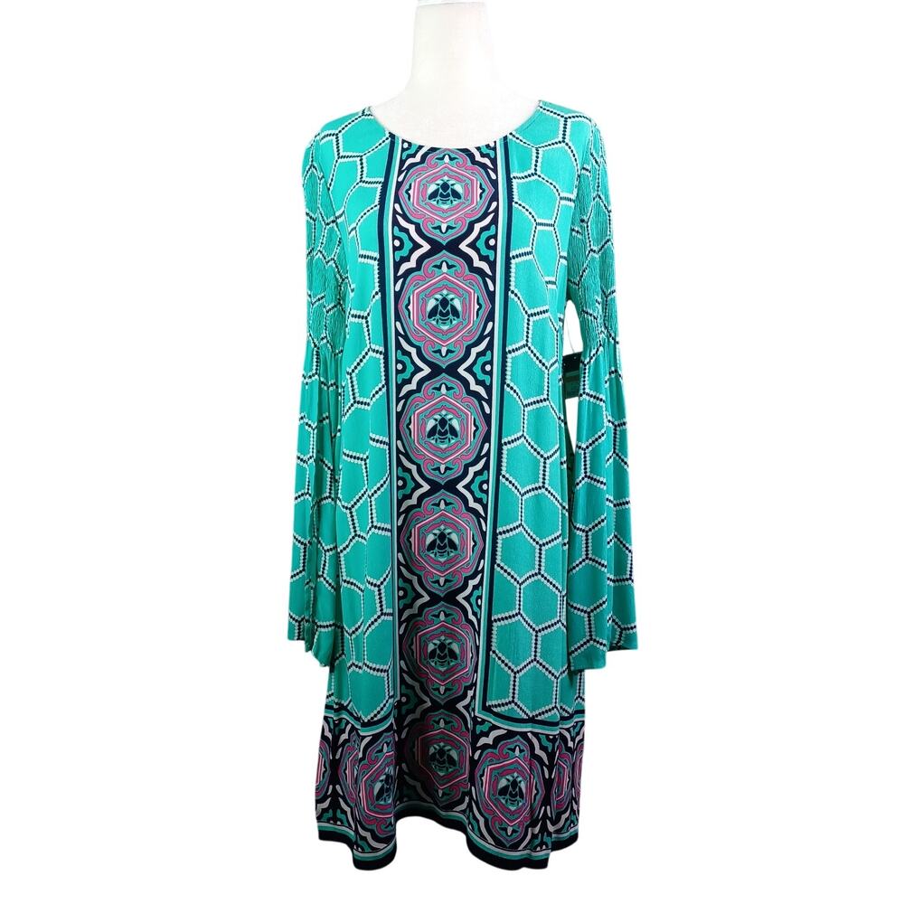 Crown & Ivy Women Flare Sleeve Shift Dress S Teal Boho Cruise Resort Vacation